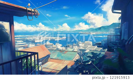 港の風景と青空｜海と船が広がる穏やかな町並み｜夏のデジタルイラスト
