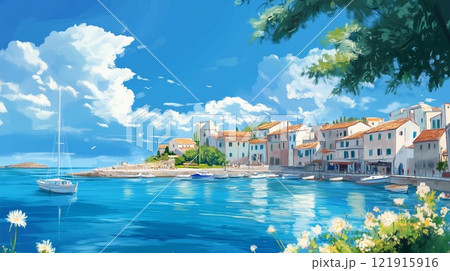 地中海の港町と青い海｜穏やかな夏の日の風景｜帆船と白い家々の