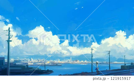 夏の青空と港町の遠景｜電柱と少女が映える穏やかな風景｜デジタル