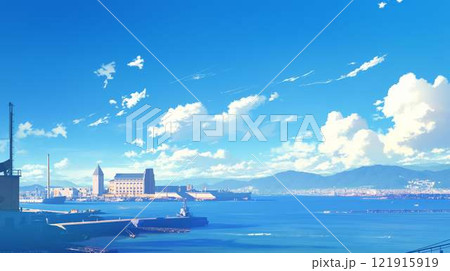 夏の青空と港の風景｜山々と海に囲まれた穏やかな都市｜デジタル