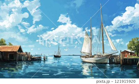 帆船と木造の桟橋が描かれた港の風景｜青空と海が広がる穏やかな夏の日