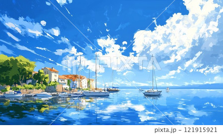 ヨーロッパの港町と青空の風景｜赤い屋根の家々とヨットが並ぶ静かな夏