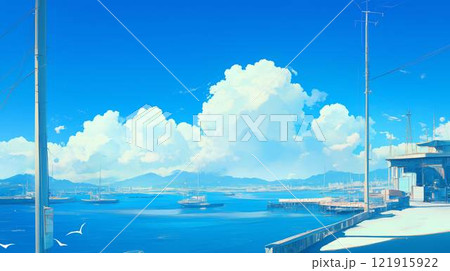 夏の青空と穏やかな港町の風景｜帆船と山々が広がる海辺の景色