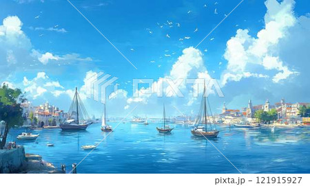夏の青空と港の風景｜山々と海に囲まれた穏やかな都市｜デジタル