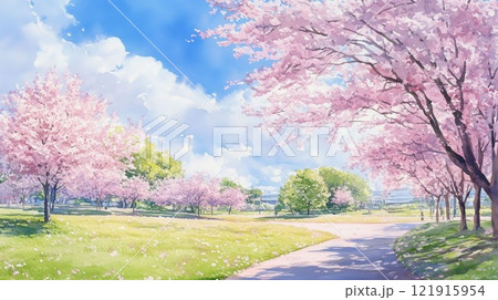 春の桜並木と青空|公園の風景と満開の桜の花 春の桜並木と青空|公園の風景と満開の桜の花 121915954
