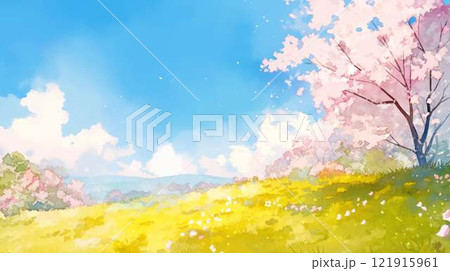 春の桜と青空|新緑の草原に舞う桜の花びらの風景イラスト 春の桜と青空|新緑の草原に舞う桜の花びらの風景イラスト 121915961