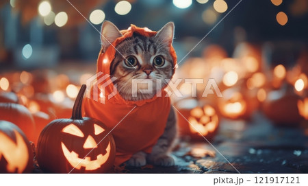 A cat in an orange hoodie stands in front of a pile of pumpkins 121917121