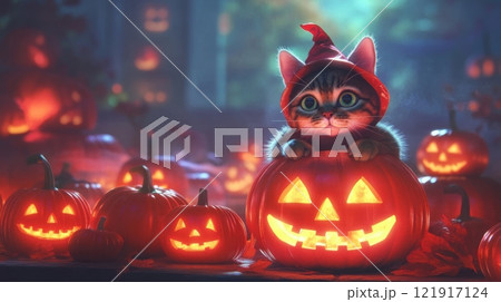 A cat is sitting in a pumpkin with a red hat on 121917124