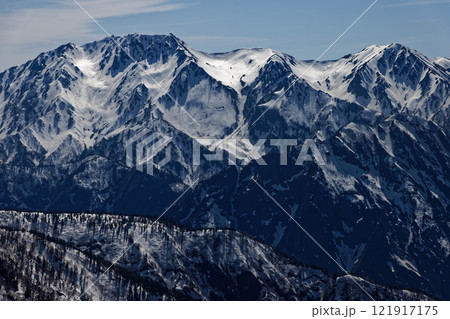 北アルプス・冷池付近から午後の光線に雪面が光る立山連峰 121917175