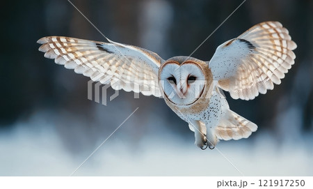 A white owl with brown eyes flies through the air 121917250