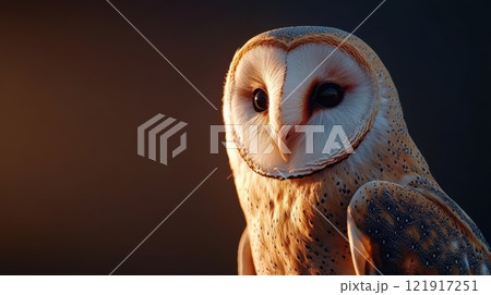 A large owl with a heart on its face is staring at the camera 121917251