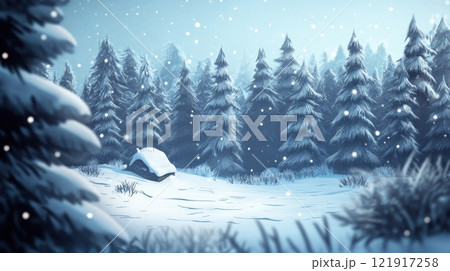 A snowy forest with a cabin in the middle 121917258