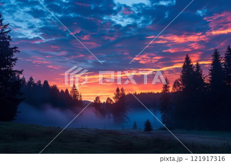 Dramatic Sunrise Over Misty Forest Landscape 121917316