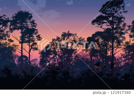 A row of trees with a purple sky in the background 121917380