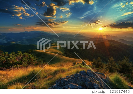 Golden Sunset Over Majestic Mountain Range 121917446