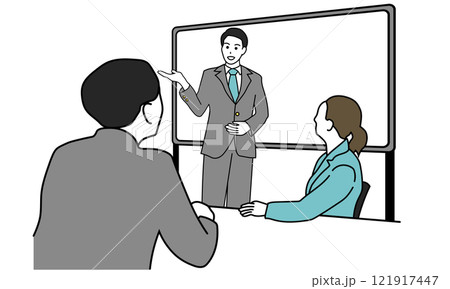 プレゼンテーションする男性とそれを聞く社員たちのイラスト 121917447