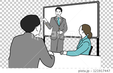 プレゼンテーションする男性とそれを聞く社員たちのイラスト 121917447