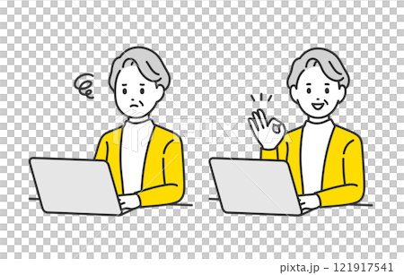 Set of senior women and elderly people who are worried about looking at a computer and making an OK sign pose [People vector illustration material] 121917541