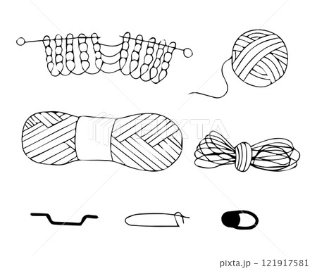 Set of knitting items. Hobby and handicraft concept. Vector illustration in doodle style isolated on white background. Set of knitting items. Hobby and handicraft concept. Vector illustration in doodle style isolated on white background. 121917581