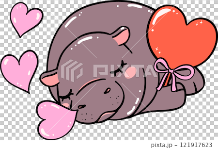 Cute Valentine Pygmy Hippo Sleeping with Heart Candy Cute Valentine Pygmy Hippo Sleeping with Heart Candy 121917623