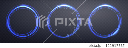 Glowing blue magic rings. Neon realistic energy flare halo rings. Abstract light effect on a dark transparent background. Vector illustration. 121917785