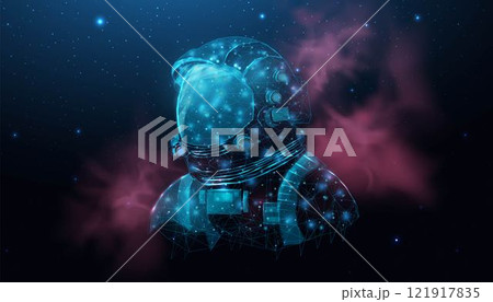 Wireframe astronaut in space galaxy close up. Futuristic polygonal cosmonaut helmet, space tourism concept. Starry abstract background with glowing human. Vector illustration 121917835