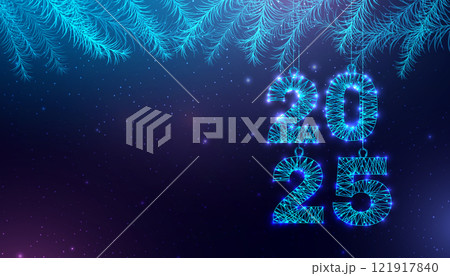 Postcard Happy New Year 2025. Low poly Christmas ball and fir branches. Numbers from a polygonal wireframe. Abstract vector illustration on a dark background. 121917840