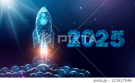 Rocket launch, wireframe polygonal style. 2025 start concept with glowing low poly rocket. Futuristic modern abstract background. Vector illustration. Rocket launch, wireframe polygonal style. 2025 start concept with glowing low poly rocket. Futuristic modern abstract background. Vector illustration. 121917846