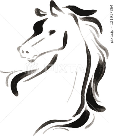 年賀2026　午年　馬年　馬　うま年　墨絵　水墨画　版画　日本画　手描き　水彩　イラスト素材 121917864