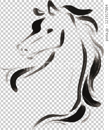 年賀2026　午年　馬年　馬　うま年　墨絵　水墨画　版画　日本画　手描き　水彩　イラスト素材 121917864