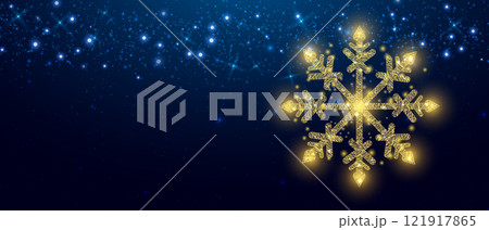 Snowflake, wireframe low poly style design. Merry Christmas and New Year concept. Wireframe glowing low poly design on a blue background. Abstract futuristic vector illustration 121917865