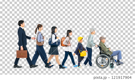 並肩行走的三代之家-手工精準剪出的透明背景全身照片PNG 121917904