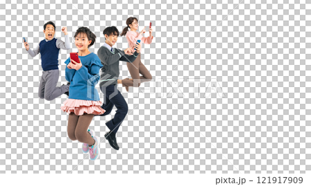 A three-generation family with a child jumping while using a smartphone. A manually cut, transparent, full-body photo PNG 121917909
