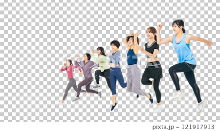 元気にジャンプするスポーツウェアを着た女性グループ 手作業で精密に切り抜いた背景透過全身写真PNG 元気にジャンプするスポーツウェアを着た女性グループ 手作業で精密に切り抜いた背景透過全身写真PNG 121917913