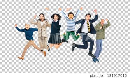 A three-generation family jumping energetically - A transparent, hand-cut, full-body photo PNG 121917916