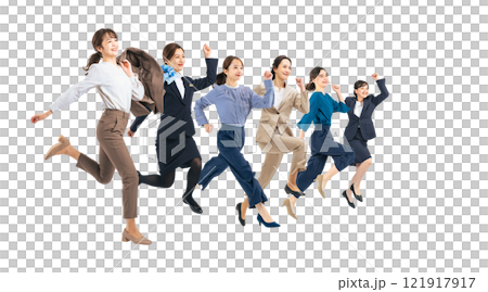 A group of career women jumping energetically. Full-body photo PNG with transparent background precisely cut out by hand. A group of career women jumping energetically. Full-body photo PNG with transparent background precisely cut out by hand. 121917917