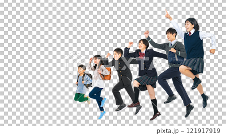 元気よくジャンプする様々な学年の学生グループ　手作業で精密に切り抜いた背景透過全身写真PNG 121917919
