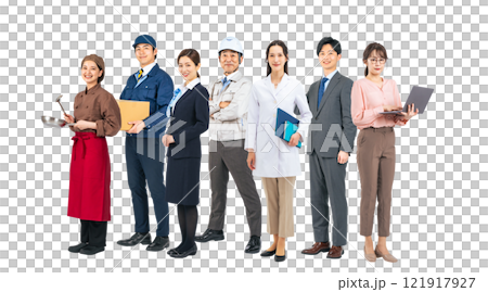 横に並ぶ様々な職業の人々のグループ　手作業で精密に切り抜いた背景透過全身写真PNG 121917927
