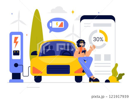 Charging Electric Car Batteries Vector Illustration with of Charger and Cable Plugs Representing Green Energy, Environmental Sustainability or Ecology Charging Electric Car Batteries Vector Illustration with of Charger and Cable Plugs Representing Green Energy, Environmental Sustainability or Ecology 121917939