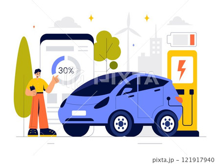 Charging Electric Car Batteries Vector Illustration with of Charger and Cable Plugs Representing Green Energy, Environmental Sustainability or Ecology Charging Electric Car Batteries Vector Illustration with of Charger and Cable Plugs Representing Green Energy, Environmental Sustainability or Ecology 121917940
