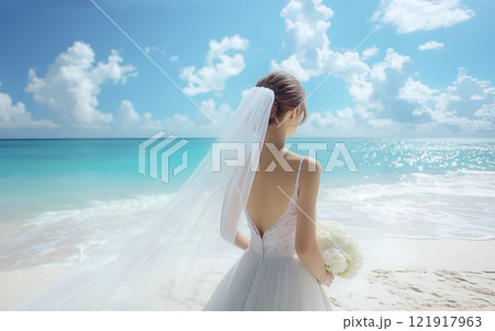 ハワイのビーチを見つめるウェディングドレスを着た花嫁の後ろ姿 121917963