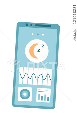 Smartphone with a sleep app. Digital mobile technology displays user sleep data and analysis. A modern application for monitoring rest patterns. Online media for wellness, cool visual style, and Smartphone with a sleep app. Digital mobile technology displays user sleep data and analysis. A modern application for monitoring rest patterns. Online media for wellness, cool visual style, and 121918281