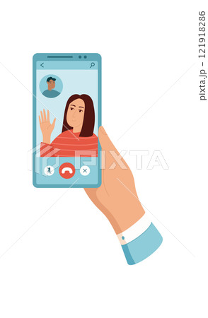 A person holds a smartphone with video chat. A user interacts with the devices screen. The mobile phone displays video chat application that illustrates modern communication. This visual format suits A person holds a smartphone with video chat. A user interacts with the devices screen. The mobile phone displays video chat application that illustrates modern communication. This visual format suits 121918286