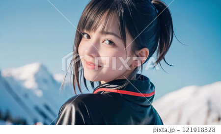 青空のスキー場で笑顔の若い女性 121918328