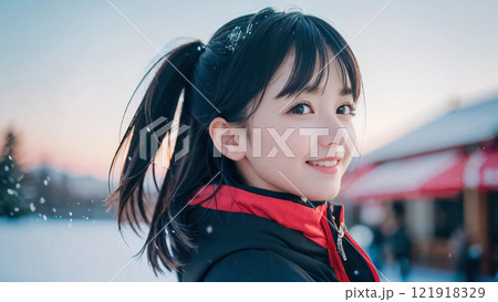 夕暮れのスキー場で笑顔の若い女性 121918329