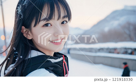夕暮れのスキー場で笑顔の若い女性 121918330