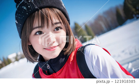 青空のスキー場で笑顔の若い女性 121918385