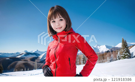 青空のスキー場で笑顔の若い女性 121918386