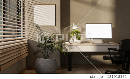 The interior design of a modern office or place of work featuring a computer on a desk. The interior design of a modern office or place of work featuring a computer on a desk. 121918552