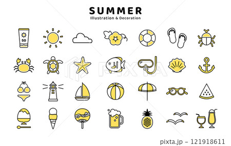 夏のアイコン素材セット　朝顔　シュノーケル　灯台　ビール　カブトムシ　錨　ヨット　水着　ベクター 121918611